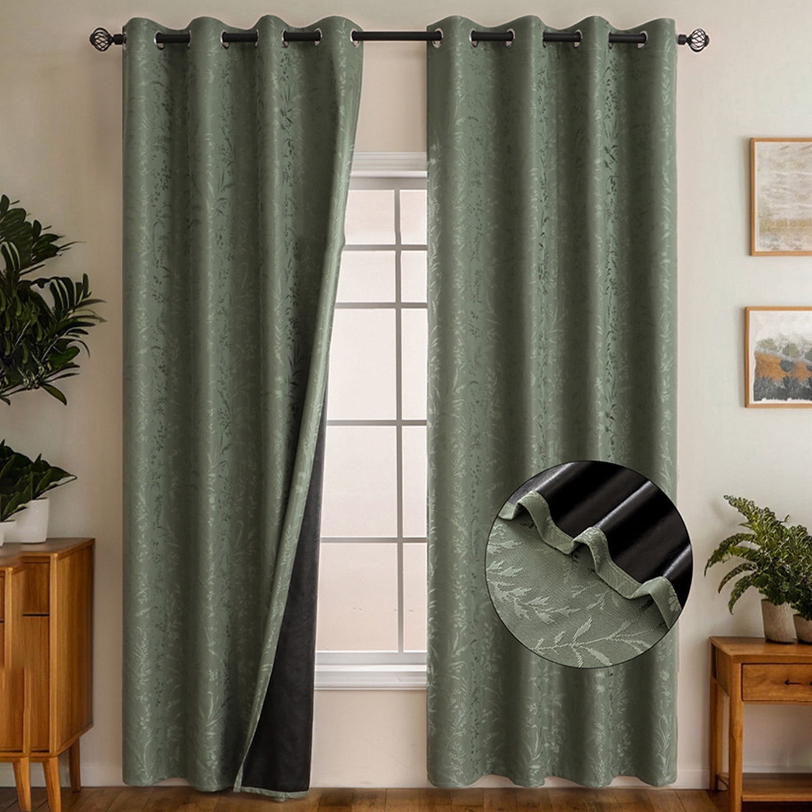Taotanxi 95% Blackout Boho Curtains 95 Inches Long for Bedroom Green Scroll Floral Patterned Curtains, Darkening Thermal Insulated Window Drapes