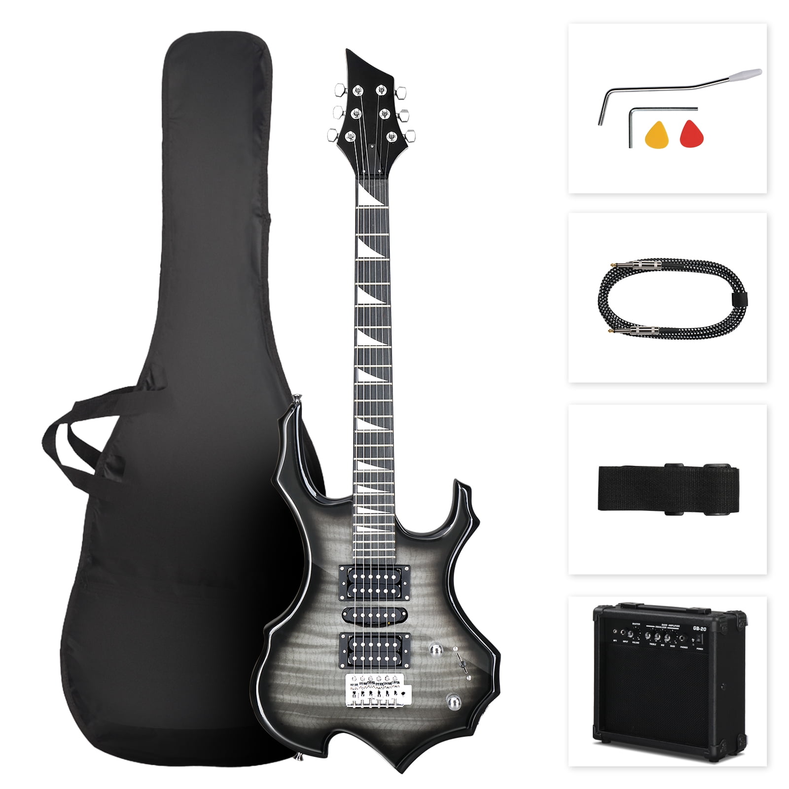 Ktaxon 39" Electric Guitar Tiger Stripe Style Flame Shaped, HSH Pickup with 20W AMP, Complete Starter Kit, Black