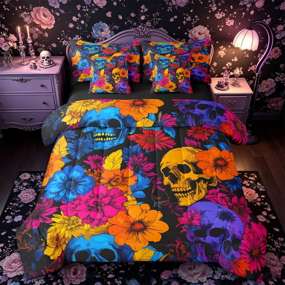 Castle Fairy Boho Skull 7-Piece Twin Bedding,Gothic Wildflower Bedding Comforter Set,Blue Gold Red,Black Reversible