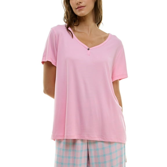 Roudelain Women's Short-Sleeve Ribbed Henley Sleep Top - Orchid Pink, Sze Large
