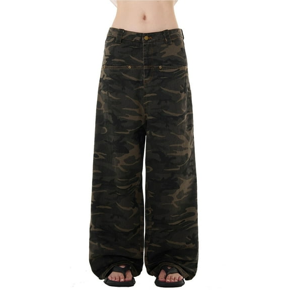 FYDUU Womens Wide Leg Jeans Women's Relaxed Fit Jeans Stylish Retro Camo Denim Pants Straight Leg Baggy Wide Leg Pants Trousers Baggy Trendy Jeans
