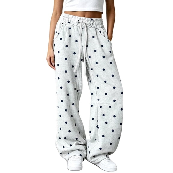 Textilo Womens Polka Dot Pants Wide Leg Elastic High Waisted Sweatpants with Pockets Drawstring Trouser Baggy Comfy Casual Lounge Fall Winter Clothes,Gray L