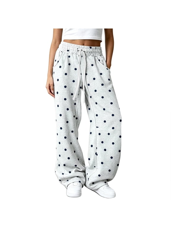 Womens Polka Dot Pants Wide Leg Elastic High Waisted Pant with Pockets Drawstring Joggers Fall Winter Loose Fit Baggy Comfy Casual Clothes,Gray S