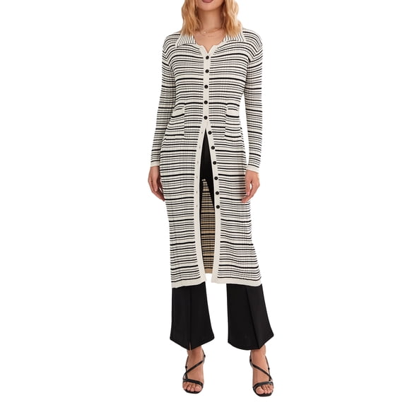 Multitrust Women's Spring Autumn Long Knitwear Long Sleeve Lapel Button Down Striped Sweater with Pockets