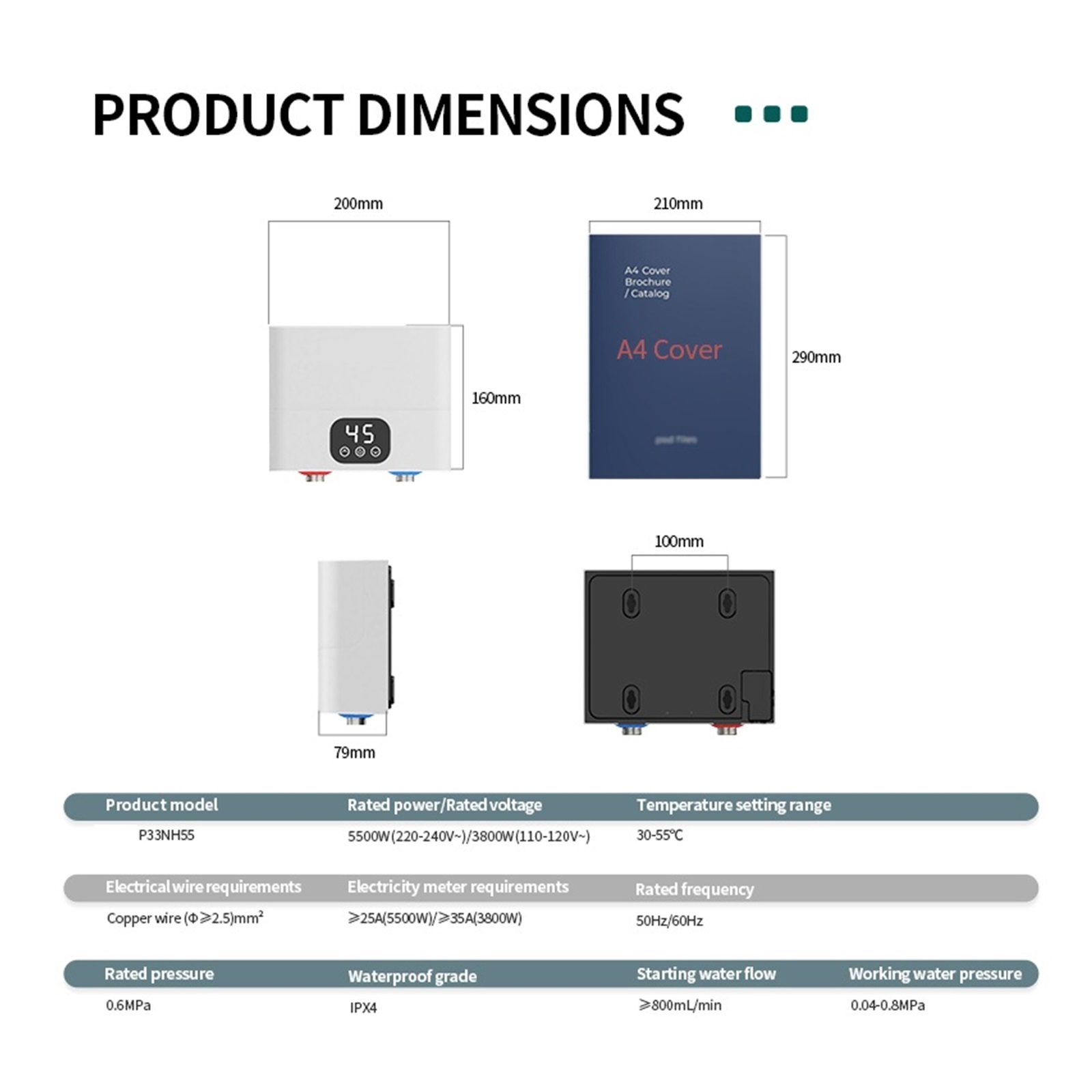 Mini Tankless Electric Water Heater Under Sink Instant Hot Water Oversink Instantaneous Water Heater, Electric Water Heater ,Safety Protections