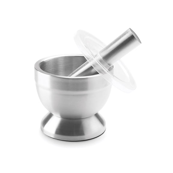 HIC Kitchen Mortar And Pestle, 18/8 Stainless Steel, 3.25-Inch, Anti-Skid Base And Translucent Cover, Spice Herb Grinder And Pill Crusher