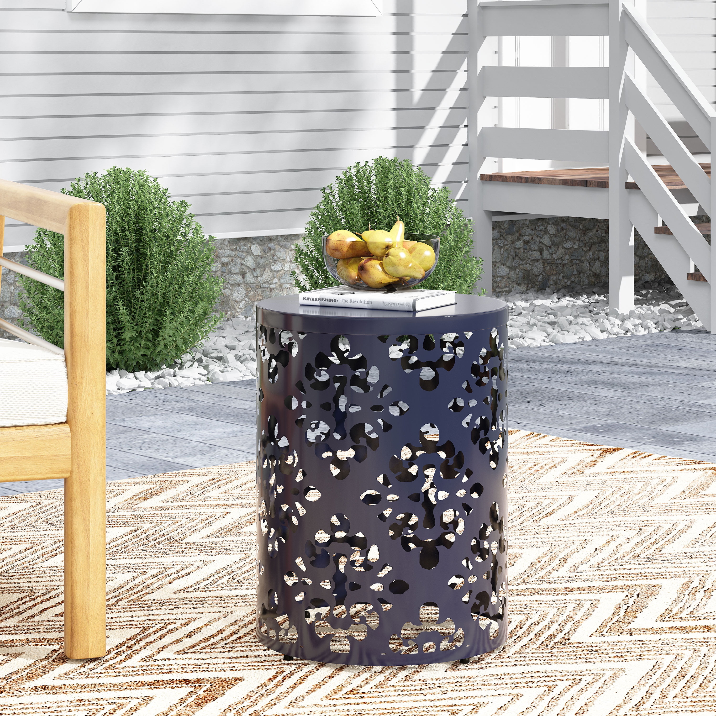 Outdoor Large Cylindrical Side Table, Floral Pattern Hollow Out Iron Tabletop for Patio Garden, Navy Blue