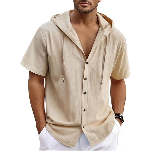 Button Up Shirts for Men Short Sleeve Cotton Linen Men's Hooded Shirt Casual Summer Loose Fit Beach Outfits