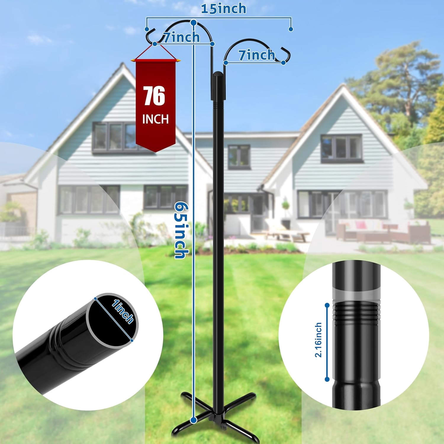 Ottsuls Double Shepherds Hooks for Outdoor, 76 Inch Bird Feeder Pole with 5 Prong Base, Upgrade 1 INCH Thick Heavy Duty Planter Hook Hanging Baskets, Lantern,1 Pack