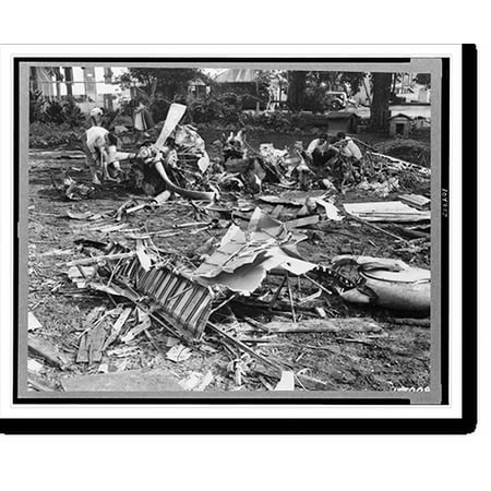 Historic Print, First Army photos of the bombing of the Hickam Field, Hawaii, Dec. 7, 1941. Wreckage of Japanese plane shot down near CCC camp in Wahiawa, T.H., 18" x 24"