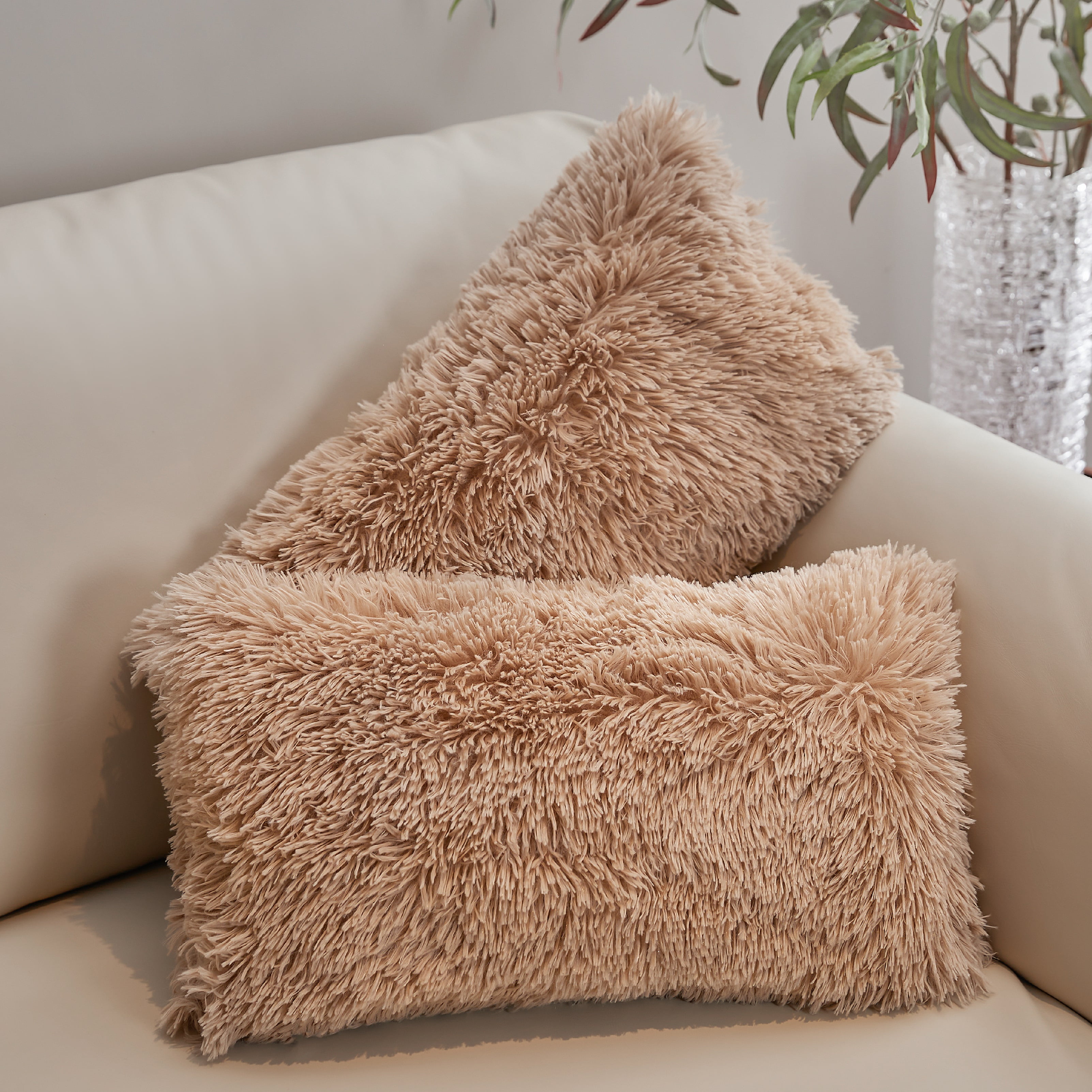 Taupe Shaggy Faux Fur Lumbar Throw Pillows Set of 2