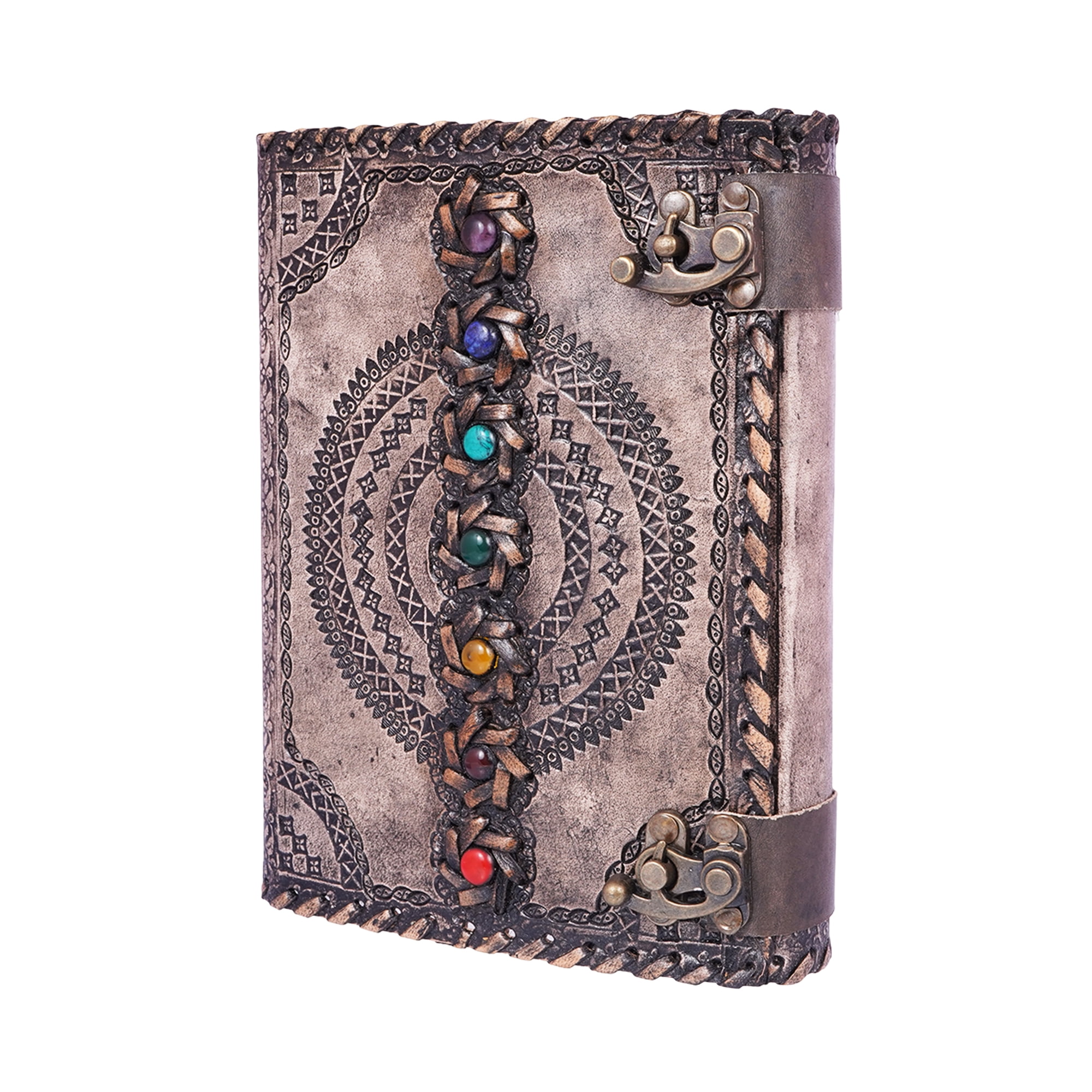 Antique Color Chakra Journal – Handmade 6x8 Embossed Leather Notebook with Seven Chakra Design