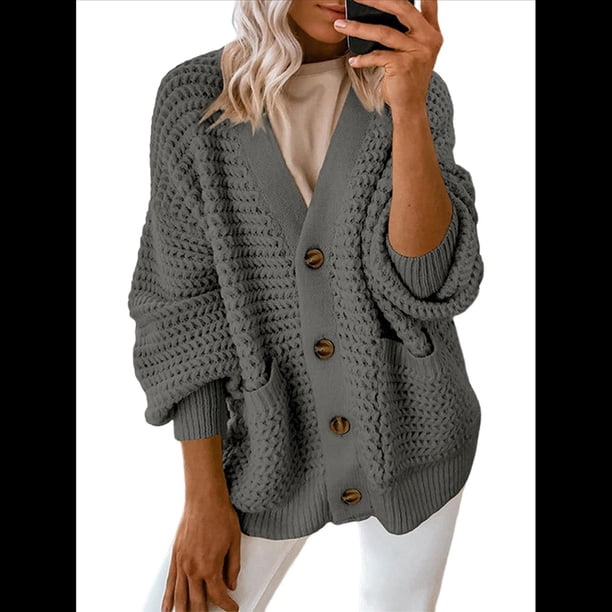 Suéteres y Abrigos de Punto Grueso de Larga con Cuello en V Abierto para Mujer. Gris M