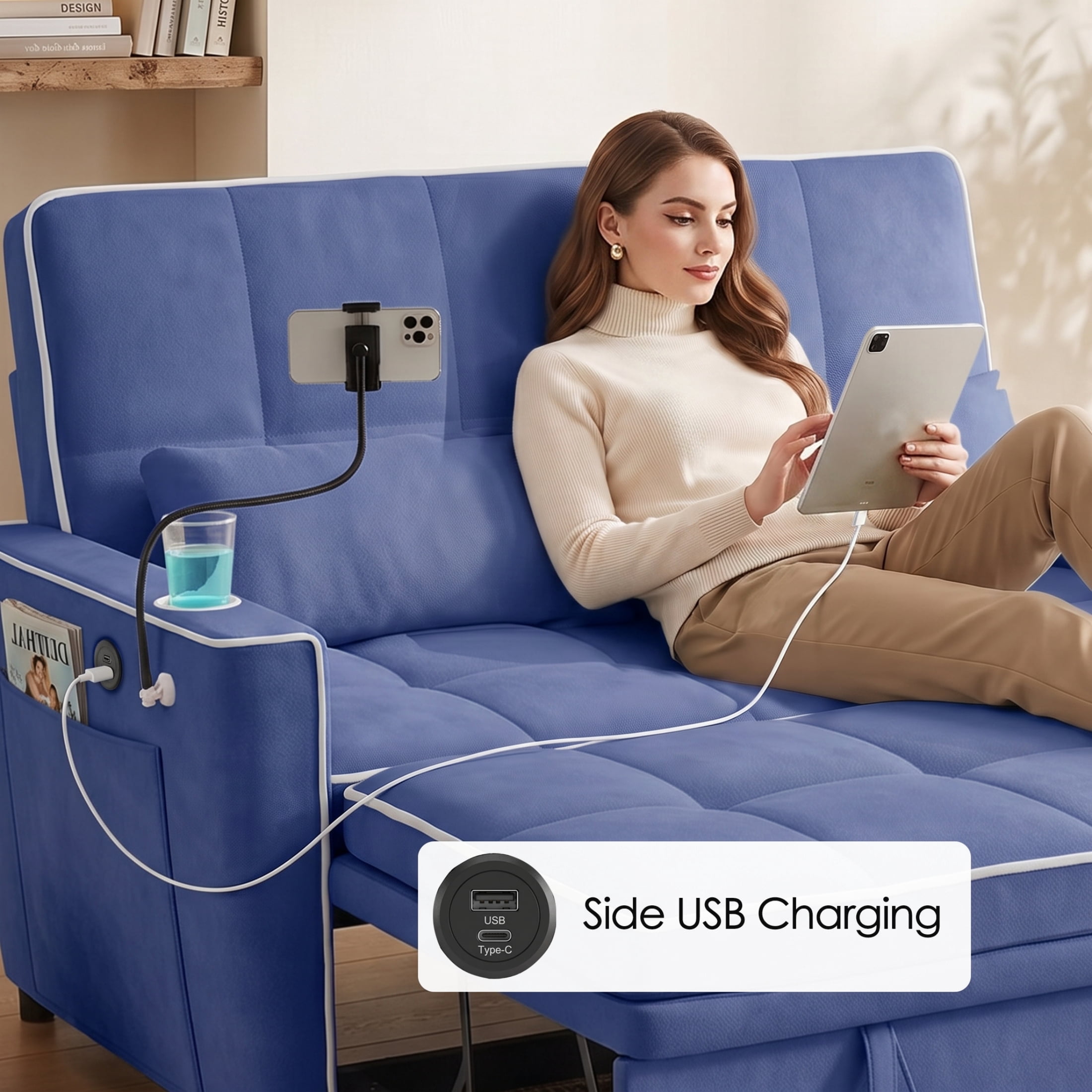 Vinform Sleeper Sofa Bed, 3 in 1 Convertible Loveseat with Phone & Cup Colder for Small Space, Blue
