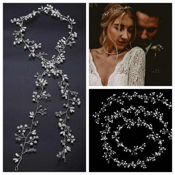 Bridal Rose Gold and Gold Silver Extra Long Pearl and Crystal Beads Bridal Hair Vine Wedding Head Piece Bridal Hair Accessories Headband Hair Jewelry Hair Accessories(50cm)