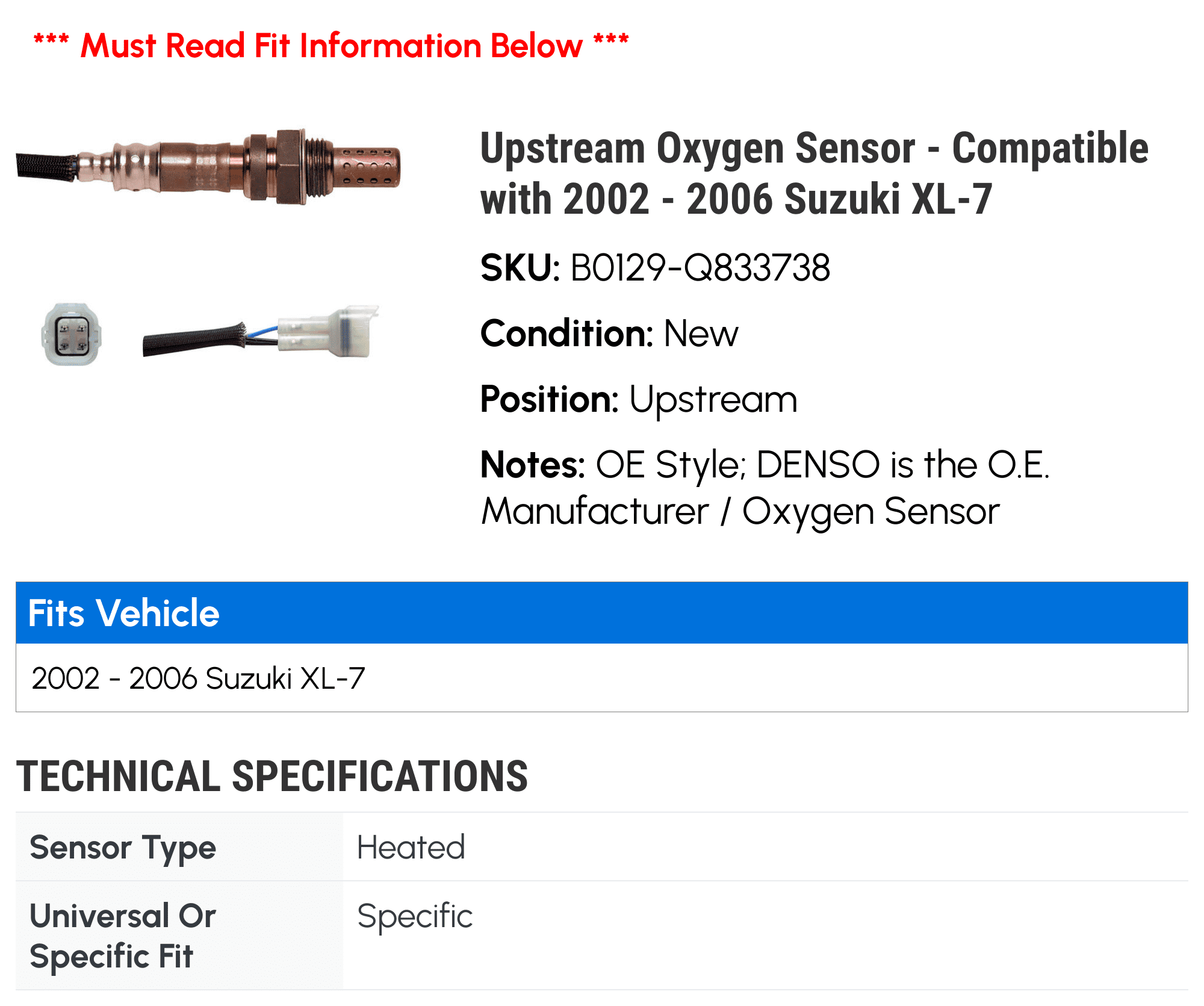 Upstream Oxygen Sensor - Compatible with 2002 - 2006 Suzuki XL-7 2003 2004 2005