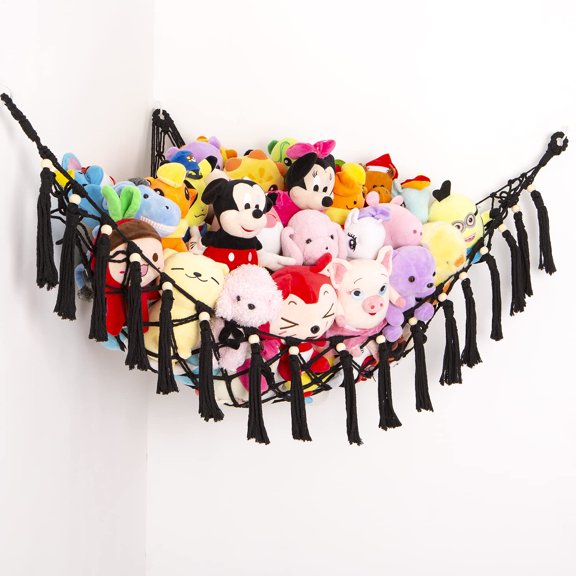 Hamaca para Juguetes YKBU Grande Negra de Macramé con Borlas Organizador 104x104x152 cm