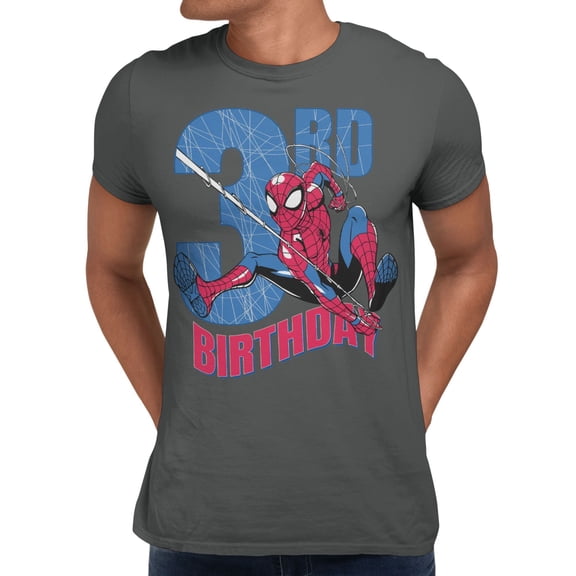 Marvel Spider-Man 3rd Birthday Hero Web Action Men's T-Shirt (Charcoal, S-XXXL)
