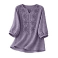 thumbnail image 4 of Wutalume Women's 3/4 Sleeve Linen Top - Casual V-Neck Button Down Shirt in Solid Color, 3/4 Sleeve Blouses for Women, Womens Summer Tops Breathable,Purple 3XL, 4 of 5