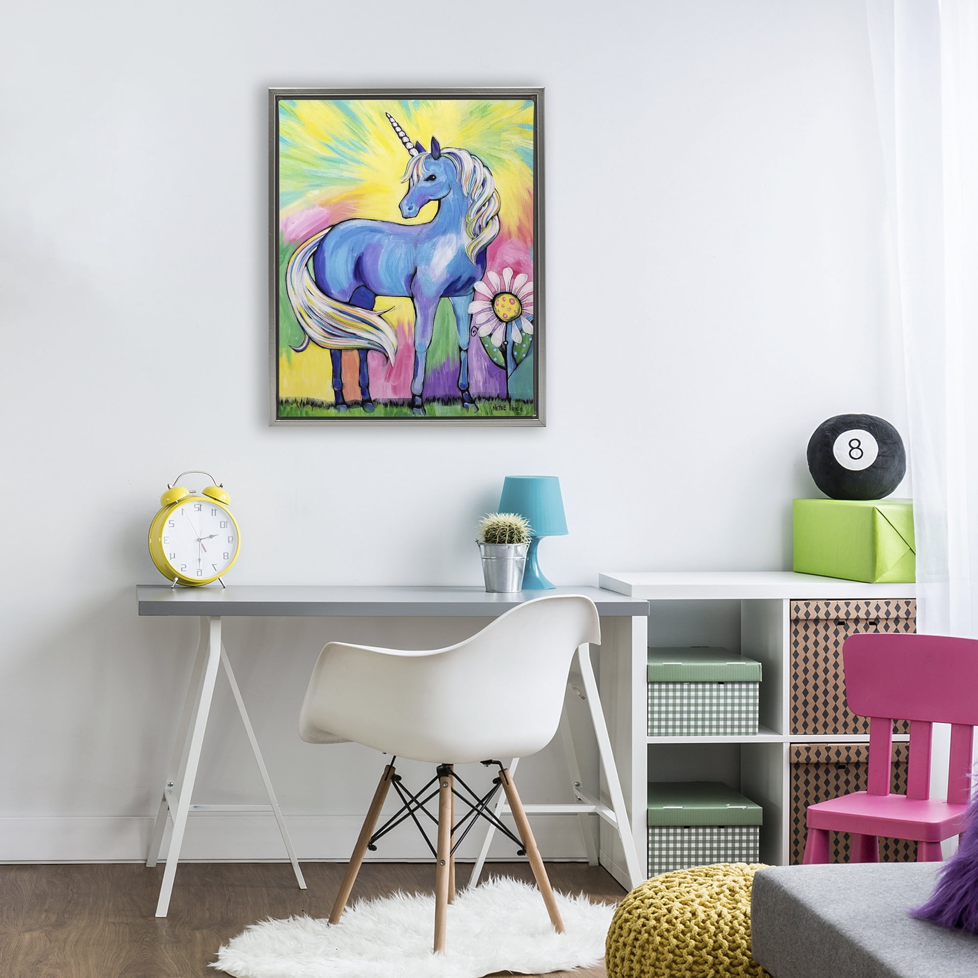 Stupell Industries Magical Unicorn in Rainbow Meadow Gray Framed Floater Canvas Wall Art, design by Nettie Price