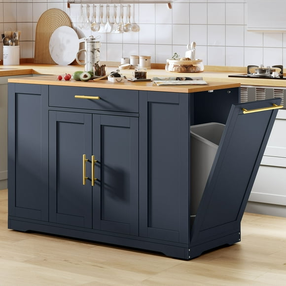 DEXTRUS Kitchen Island Cart with Trash Can Storage Cabinet, Rolling Kitchen Island Storage with Wheels and Drawers for 13-Gallon Trash Bin, Navy Blue