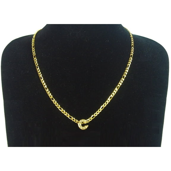 18K Yellow Gold-Plated 18-Inches Figaro Initial Letter C Pendant Bling Charm Chain Necklace Set Gift