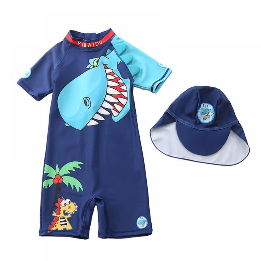 Sun Protective Baby Boys Swimsuit One Piece Swimwear with Hat Rash Guard Surfing Suit UPF 50+ 