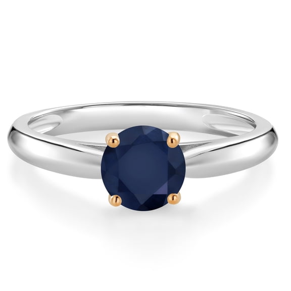 Gem Stone King 1.10 Ct Round Blue Sapphire 10K White and Yellow Gold Solitaire Engagement Ring (Size 7)