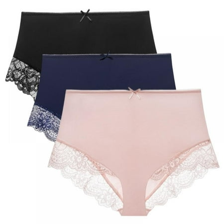 3 Pack Women High-rise Lace Panties Half Wrapped Hips Lift Panties Seamless Solid Lace Trim Milk Silk Briefs Underpants
