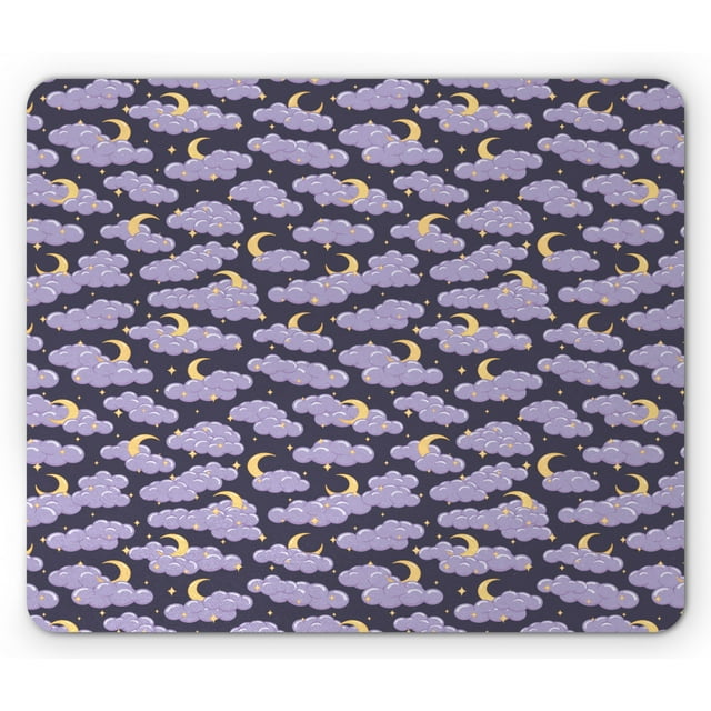Night Mouse Pad, Fluffy Clouds and Crescent Moon Stars in the Nighttime, Rectangle Non-Slip Rubber Mousepad, Lavender Dark Indigo, by Ambesonne