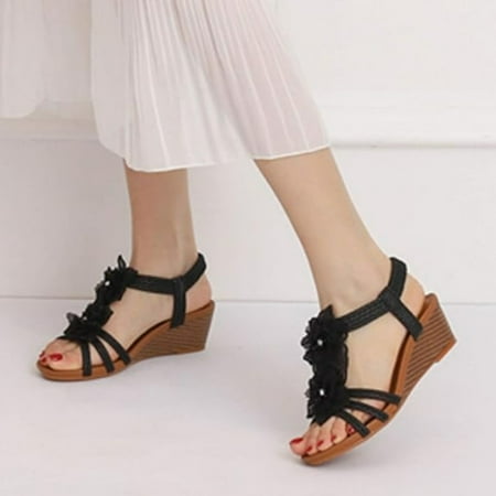 

HOLXI 2024 Wedge Sandals for Women Cutout Peep Toe Mid Heel Rhinestones Fashion Breathable Beach Sandals Summer Open Toe Wedges Comfortable Rhinestone Flower Sandals