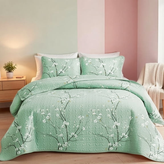 Fresh Quilted Bedspread Set - 2/3PCS, 1 Quilt 1/2 Pillowcasce,Multi-use for Bedroom Sofa Throw Wrinkle Resistant Machine Washable(Green,Twin)