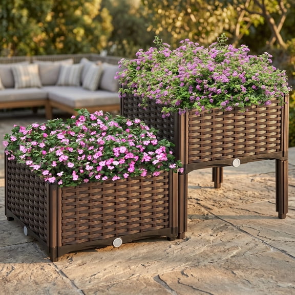 Zateety Raised Garden Bed, 2 Piece Self-Watering Planter Box Set with Legs (Tall & Low), Elevated Plastic Planter for Patio Balcony to Grow Flowers Herbs Vegetables – Gray