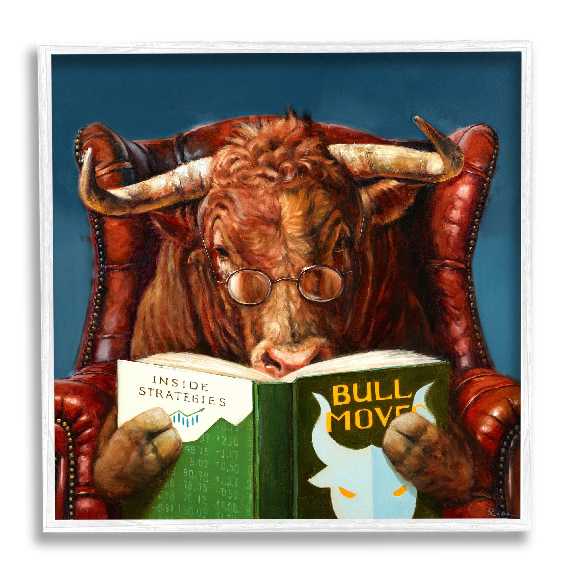 Stupell Industries Bull Reading Book Spectacles Red Leather Chair Framed Wall Art, 24 x 24, Design by Lucia Heffernan