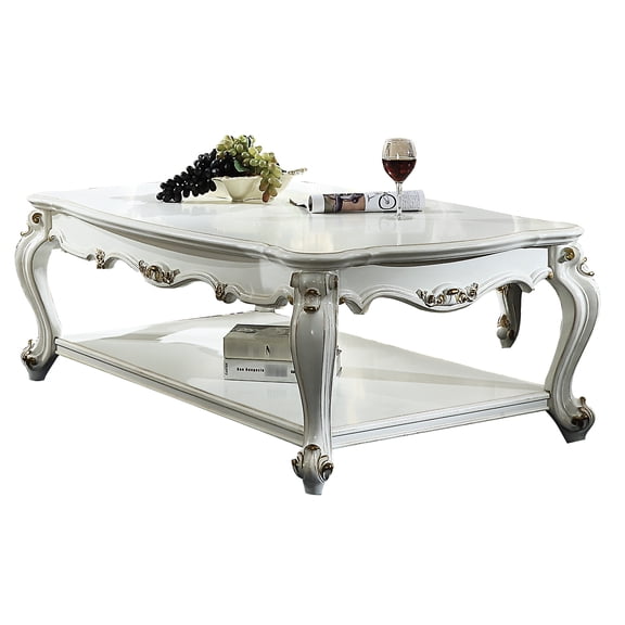 Traditional Wood Coffee Table With Antique Pearl Finish And Shelf, Enhances Living Space Aesthetic Storage Rectangular Wooden For