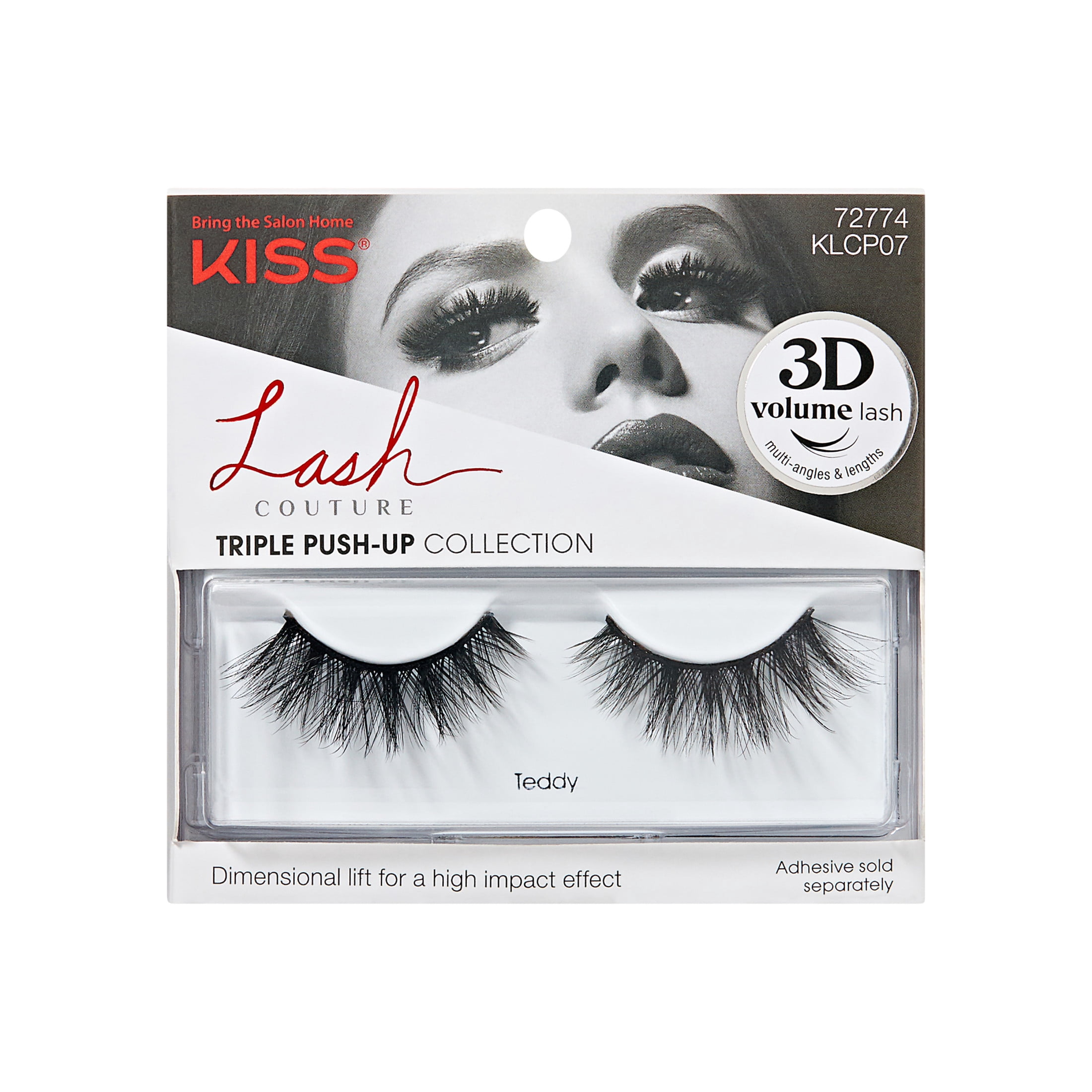 (2 pack) Kiss Lash Couture Triple Push-Up False Eyelashes, Strip Lashes, Teddy, Black,  12mm, 1 Pair
