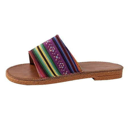 

Womens Flat Sandals Fashion Round Open Toe Slip On Slides Slippers for Summer Women s Summer Fashion Color Matching Ethnic Style Flat Bottom Casual Slippers Purple 4.5