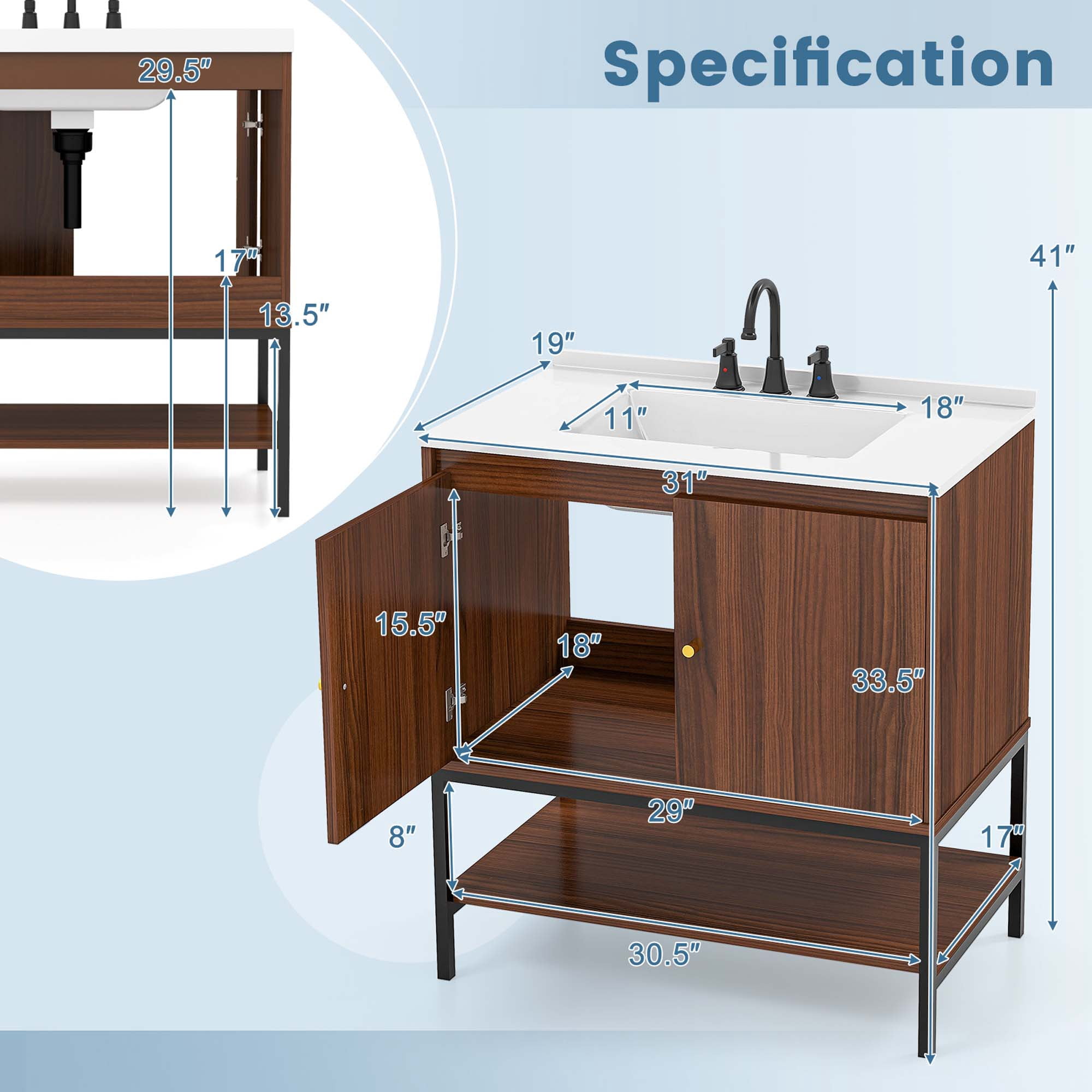 Costway 31" Bathroom Vanity Sink Combo Wooden Bathroom Storage Cabinet with Doors Walnut