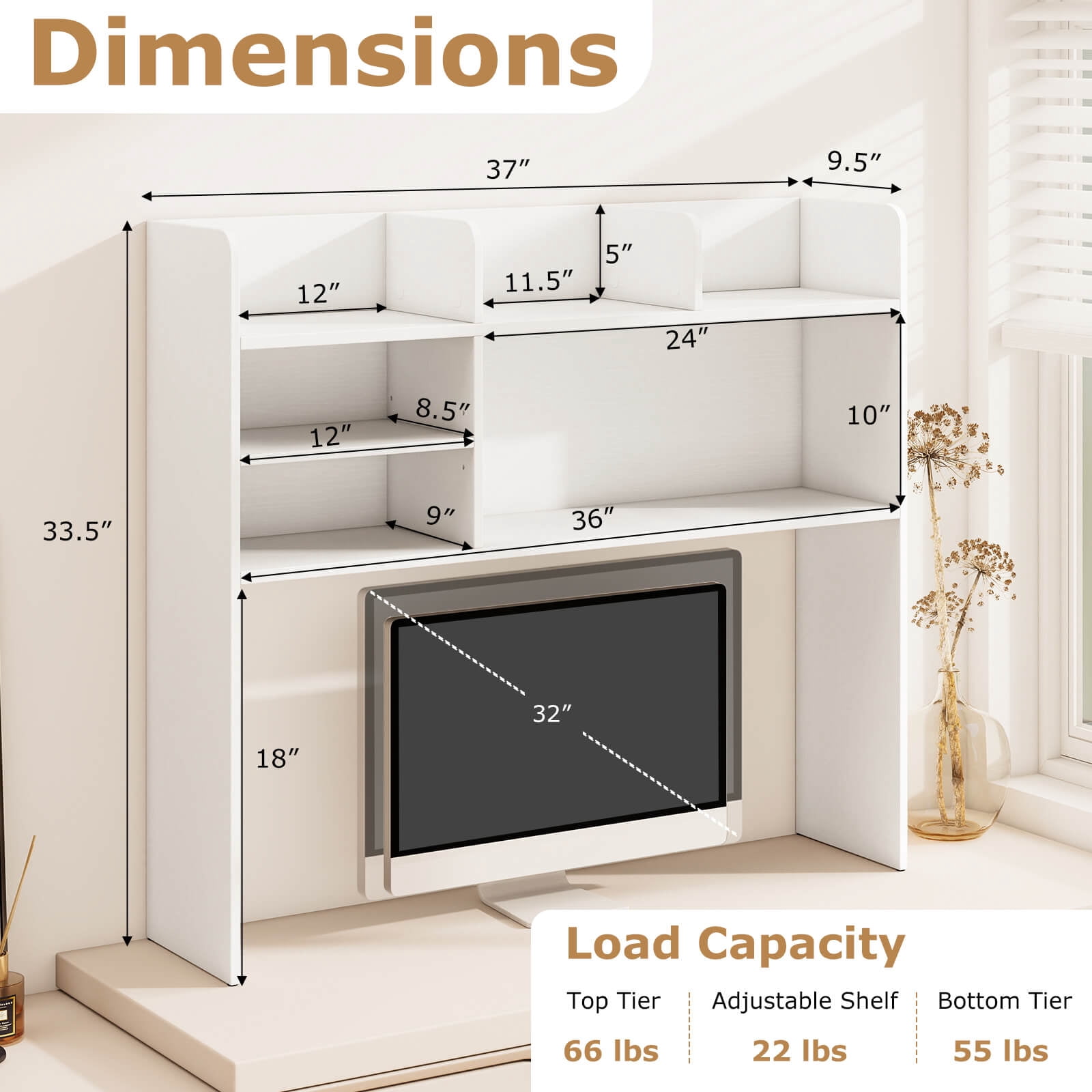 Costway 37" Desktop Bookshelf Wooden Organizer with 6 Shelves 2 Anti-tipping Devices White