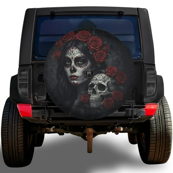 Lotusprinthandmade Colorful Skull Woman Spare Tire Cover With Backup Camera Hole 6 Sizes (27 in.), Floral Day of the Dead Car Wheel Cover