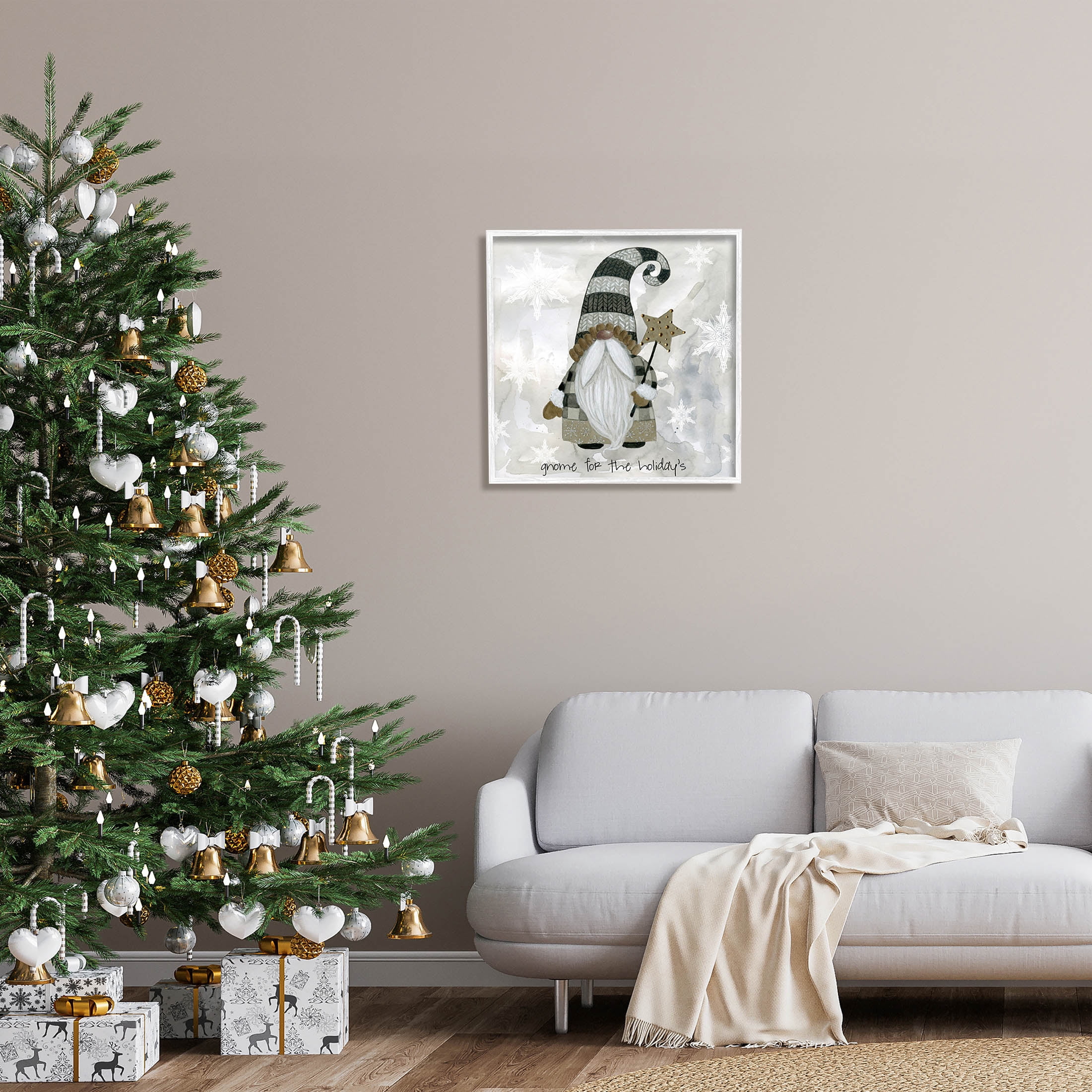 Stupell Industries Gnome For Holidays Snowflakes Graphic Art White Framed Art Print Wall Art, Design by Livi Finn