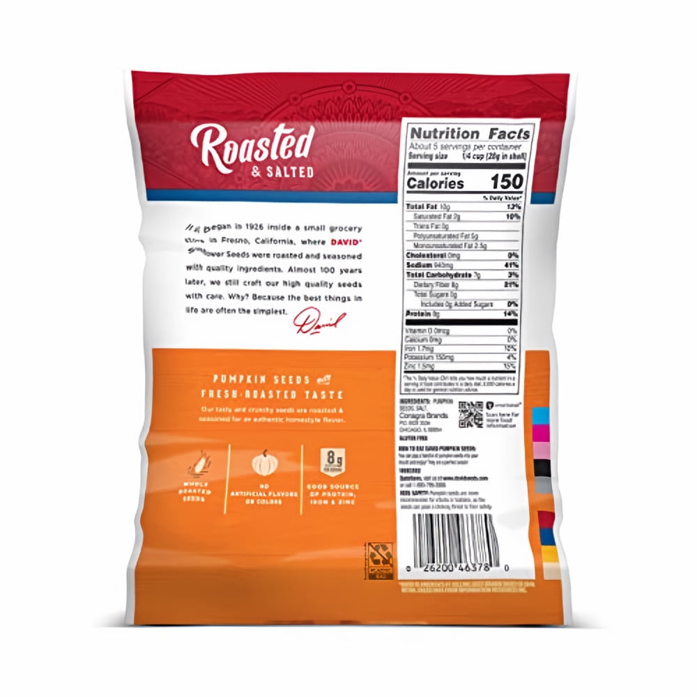 David's Salted & Roasted Sunflower Seeds, Pack of 3 5.25 oz Bags All Natural Pumpkin Seeds