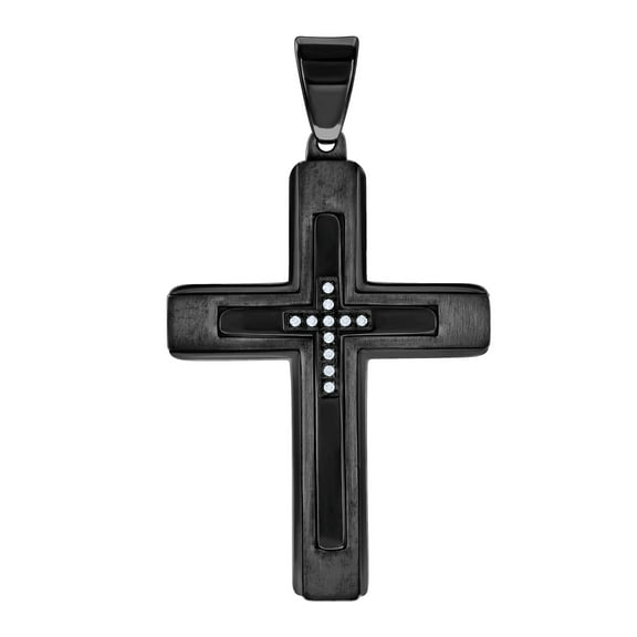Stainless Steel Black-tone Mens Cubic-Zirconia Cross Religious Charm Pendant