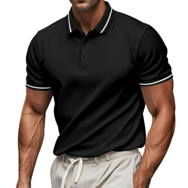Blusa y camisa de manga corta con cuello vuelto para hombre, informal, lisa, de manga corta, con botones y cuello vuelto, de poliéster.