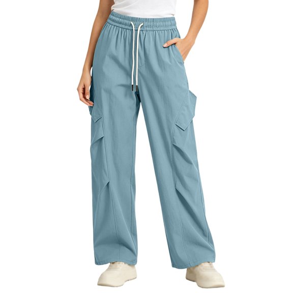 Cargo Wide Leg Pants for Women Ghalytn Drawstring Elastic Waist - Loose Straight Casual Trousers with Side Pockets