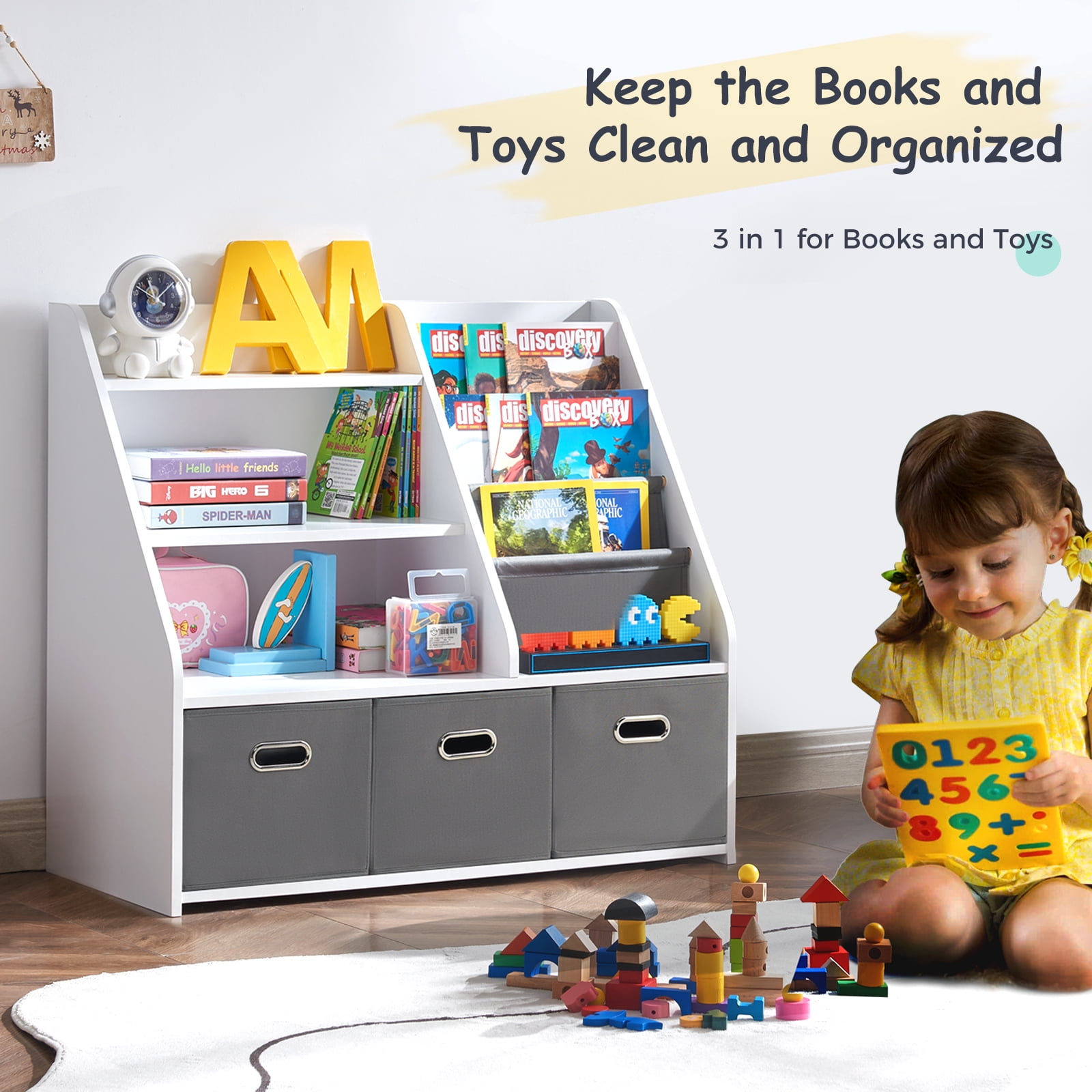 AACULPET Montessori Bookshelf and Toy Storage Organizer, 3-in-1 Wood Bookshelf with 3 Fabric Toy Bins & Sling Book Rack for Baby Toddler, Kids Bookcase with Toy Storage for Nursery Playroom Classroom