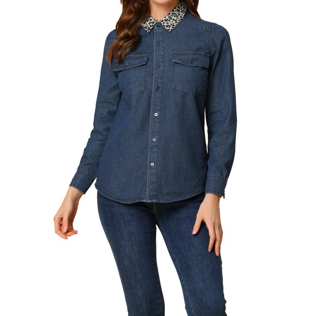 Camisa de mezclilla corta de manga larga con botones de leopardo para mujer Allegra K con bolsillos azul XL