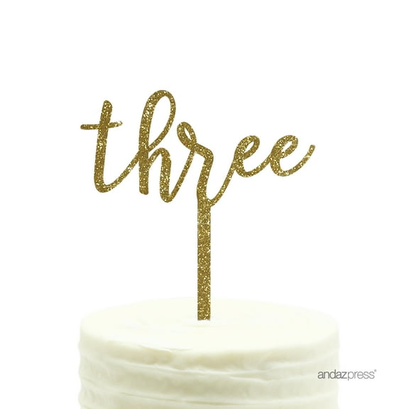 Gold Glitter  Script Number Three Acrylic Birthday Cake Topper