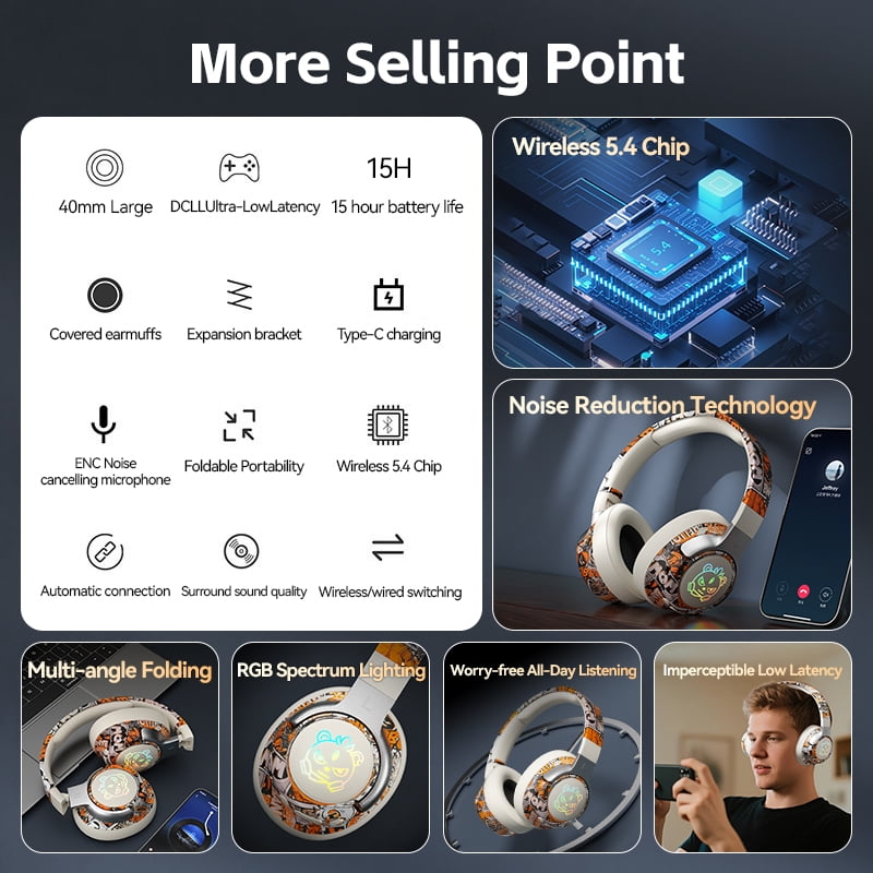 CobraStrike Wireless Bluetooth Noise Cancelling Headphones, Over-Ear Headphones with Microphone, Low Latency Game Mode, RGB Lights, for travel sports home office