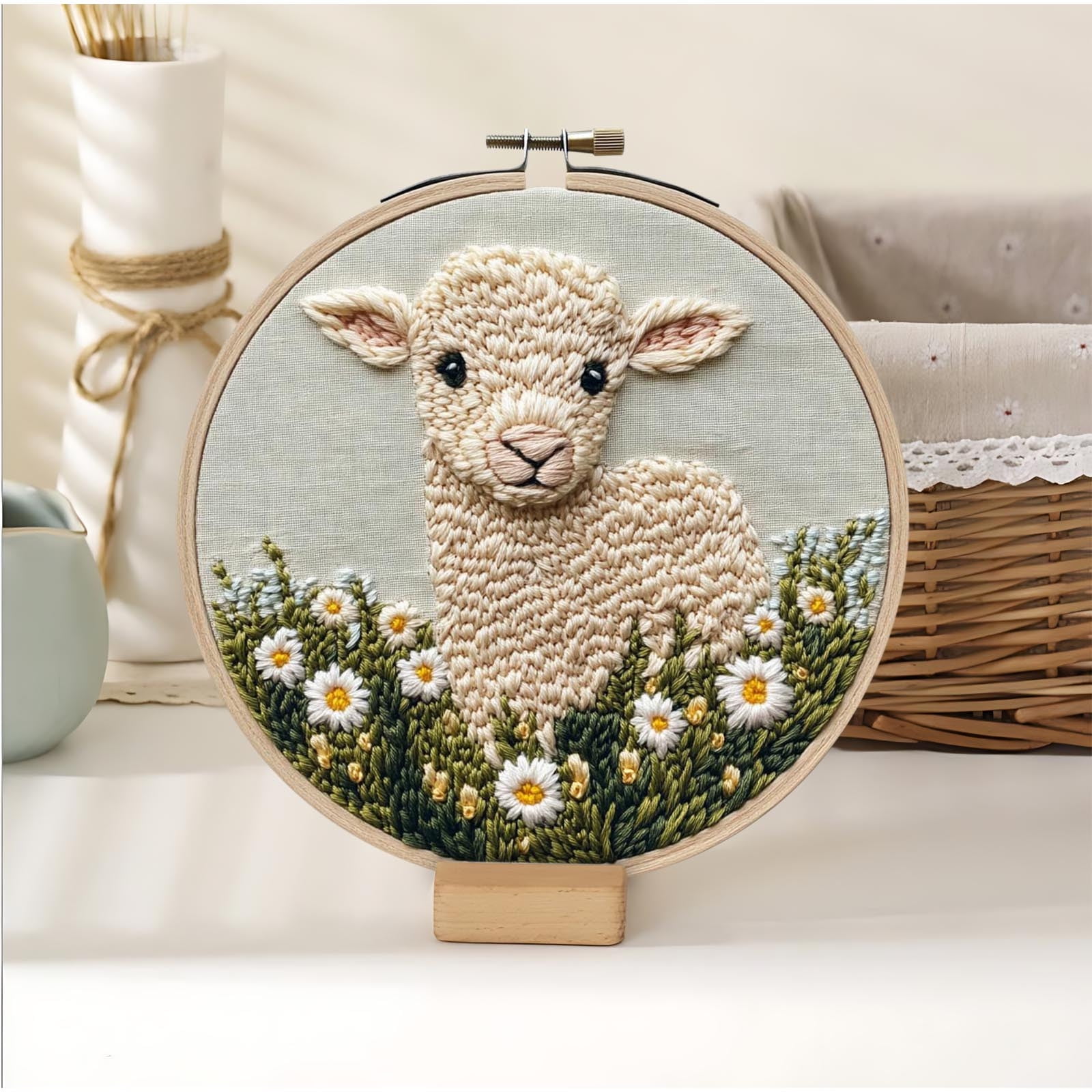 DIY Punch Needle Kits, Cute Sheep Pattern, 7" x 7" Hoop Embroidery Punch Needle Crafts Set, Easy for Adults and Children, Decoration Gift